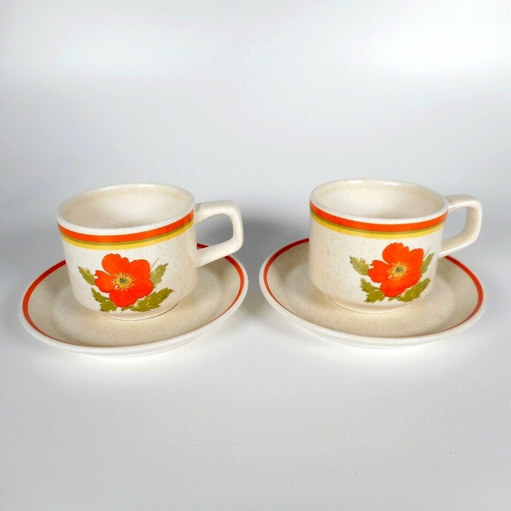 2 Vintage 70s Lenox Orange Fire Flower Temperware Cup Saucer Sets Oven Safe - Picture 9 of 12